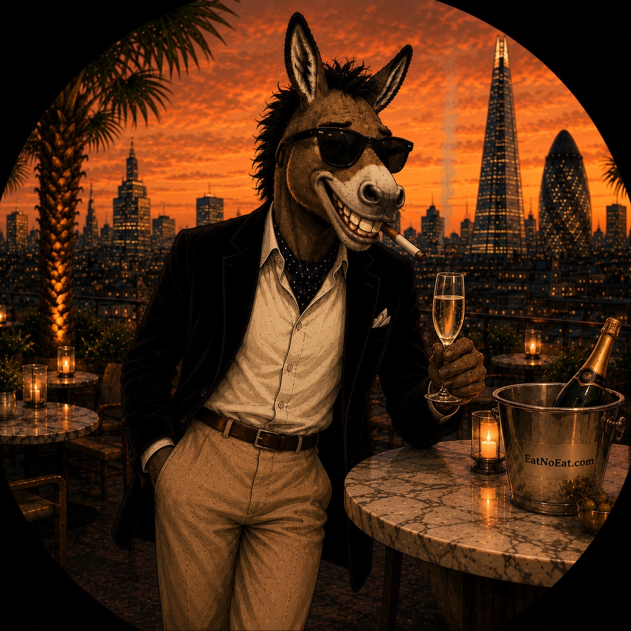 Don K., illustrated as a besuited donkey on a London rooftop at sunset